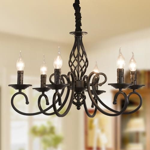 Image of Ganeed Rustic Chandeliers French Country Vintage Chandelier Metal in Antique Pendant Light Fixture for Island Kitchen Farmhouse Dining Room Living Room Black 6 Lights