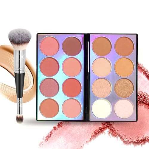 Image of RoseFlower 16 Colors Blush Contour Highlighter Makeup Palette with Brush, Shimmer Matte Mineral Face Blush Powder for Cheek, All in One Face Sculpting Bronzer Blusher Illuminator Concealer Palette