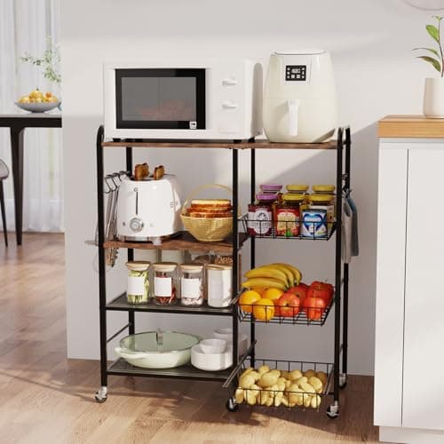 Image of HapiRm Fruit Basket Kitchen Cart - 4 Tier Microwave Shelf Stand with Pull-Out Baskets,Kitchen Trolley on Wheels, Rolling Vegetable Storage Rack Cart, Microwave Rack for Living Room Office, Balcony