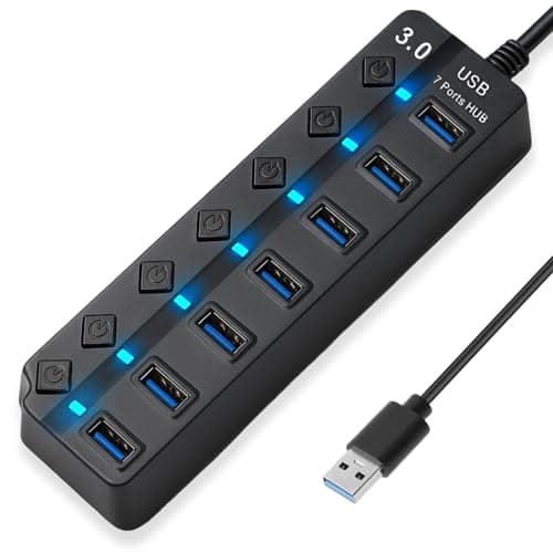 Image of 7 Port USB 3.0 Hub USB Extender with Individual Switches and Lights 5Gbps High-Speed USB Multiport Adapter Extension Hub Portable Data Splitter with Extended Cable for Macbook PC Printer and More
