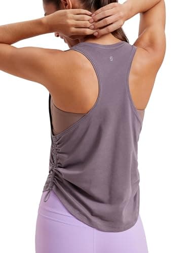 Image of CRZ YOGA Pima Cotton Womens Racerback Sleeveless Workout Tops Ruched Side High Neck Casual Tank Top Running Loose Shirts Purple Gray 10