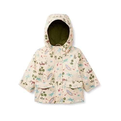Image of Amazon Essentials x Sofia Grainge Baby Boys' Water-Repellent Rain Jacket, Light Tan Frogs, 18 Months