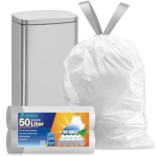 Image of OKKEAI 50L Bin Liner Kit - Heavy Duty Tall Swing Rubbish Bags, 20 Counts Plastic White Trash Bags with Drawstring Tie Handle, Fit 40-60 Liter Bin