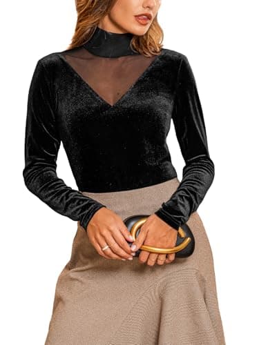 Image of CUPSHE Women’s Blouse Velvet Long Sleeve Mesh Top V Neck Elegant Slim Fit Blouse Party Going Out Tops Black M