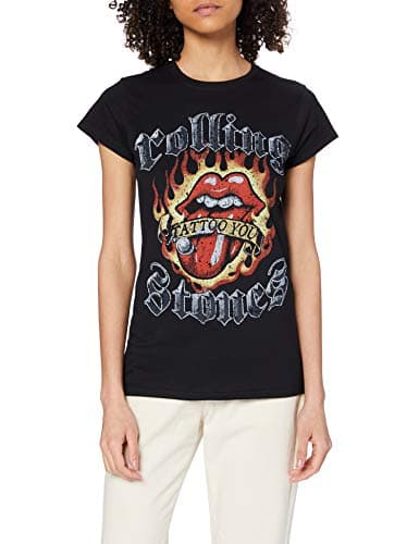Image of The Rolling Stones Women's Flaming Tattoo Tongue Short Sleeve T-Shirt, Black, Size 8 (Manufacturer Size:Small)