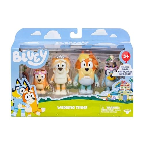 Image of Bluey Figure 4-Pack Wedding Time | Re-enact Uncle Rad And Frisky's Wedding Day And Bingo Flower Girl Figures