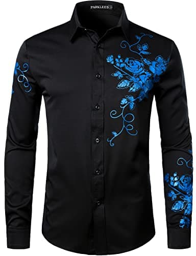 Image of PARKLEES Men's Hipster Rose Floral Print Design Slim Fit Long Sleeve Button Up Party Dress Shirt Black Royal L