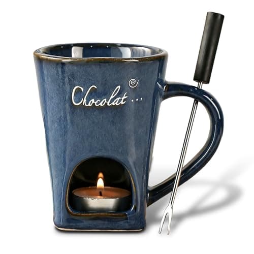 Image of Retro Blue Ceramic Fondue Mug Set, Kiln-Fired Fondue Mug with 2 Candles and Fork for Melting Chocolate and Cheese, Hot Chocolate Cups for Home Parties Afternoon Tea