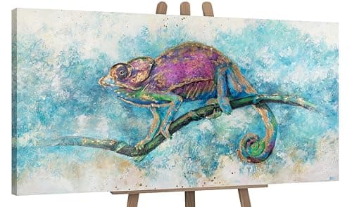 Image of YS-Art Original Handmade Painting – Colorful Chameleon Abstract in Blue and Purple, Textured Acrylic on Canvas, Exotic Art for Home or Office 63x32 inch