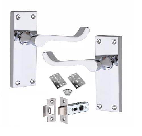 Image of Golden Grace Victorian Scroll Door Handles Latch in Polished Chrome Finish with Hinges & Latches Pack, 1 Set - 120mm x 40mm Backplate