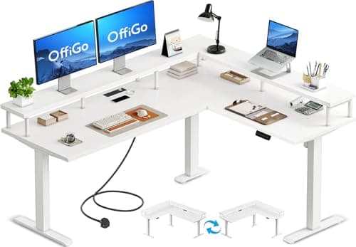Image of OffiGo Standing Desk, 150x120cm L Shaped Desk with Power Outlets, Height Adjustable Corner Table with Monitor Stander, Electric Stand up Rising Table for Home Office Workstation, White