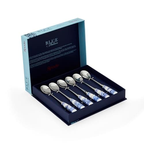 Image of Spode x Blue Italian Set of 6 Tea Spoons - White & Blue Teaspoons, Stainless Steel with Porcelain Handles, Suitable for Tea, Coffee, or Dessert, Stylish and Gift-Ready, 15cm