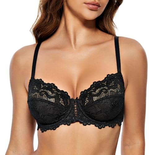 Image of WingsLove Women's Floral Lace Bra Underwire Non Padded Soft Cup Full Coverage Black 40G