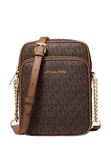 Image of Michael Kors Jet Set Travel Signature PVC Medium Logo Chain Crossbody Flight Bag (Brown)