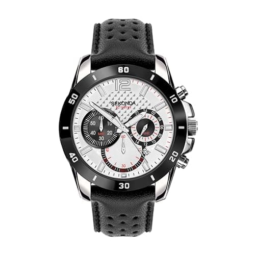 Image of Sekonda Solo Mens Watch – 44mm Sport Chronograph Watch for Men with Black Leather Strap, Date Window and Fixed Bezel – 50m Water Resistant – 2 Year Warranty