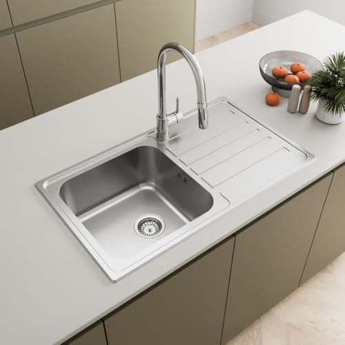 Image of SÄUBER® 860 x 500mm Stainless Steel Kitchen Sink Single One 1.0 Bowl Inset Drop in Installation, Right Hand Drainer, 18/8 Grade Steel Sinks, Free Basket Strainer Waste