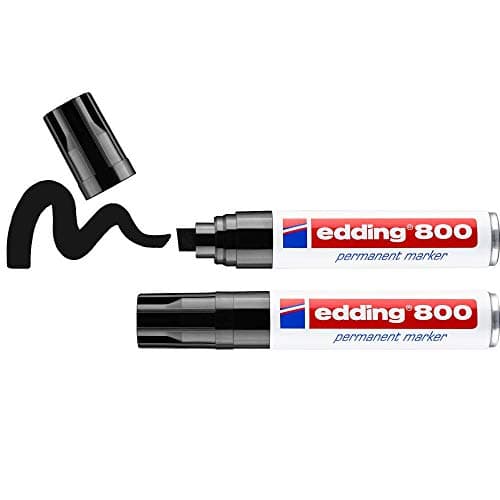 Image of Edding 800 Permanent Marker - Black - 2 Pens - Chisel Tip 4-12 mm - for Bold Markings - Waterproof, Quick-Drying, Smear-Proof Pens - for Cardboard, Plastic, Wood, Metal, Glass and Fabric, 4-800-2-1001