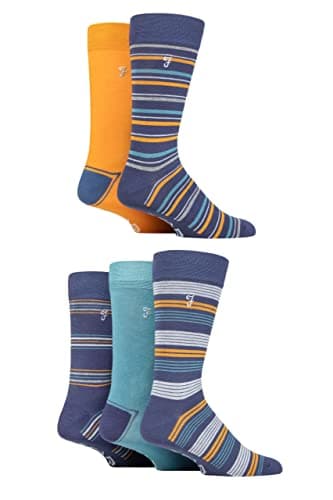 Image of Farah Mens Bamboo Socks Plain and Patterned Striped Argyle Spotty Designs, Bright Colourful, Gift for Him, 5 Pairs - Stripe Navy/Blue 6-11
