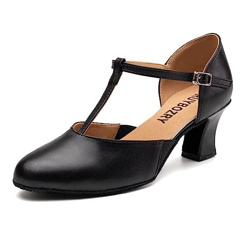 Image of RUYBOZRY Women's Ballroom Dance Shoes Closed Toe Leather Latin Salsa Tango Modern Character Dancing Shoes,with 6cm Heel Suede Sole,Black,7.5UK