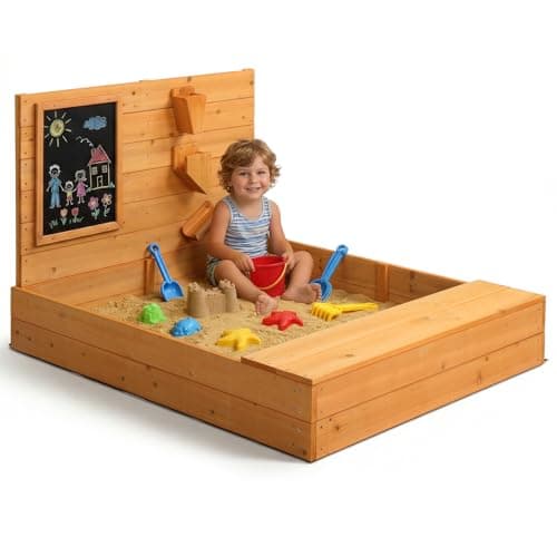 Image of LALAHO Sand Pit with Bench, Storage Space Sandbox with Blackboards & Safety Corners, Fun Wooden Sandpits for Toddler with Lid, Ideal Creative Play and Adventure Outdoor Playhouse, 119 x 101 x 76 cm