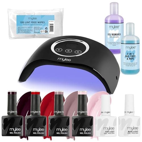 Image of Mylee LED Nail Gel Polish Starter Kit, 4 Gel Polish Colours 4x8ml, Top & Base Coat 2x10ml, Petite LED Lamp, Nail Prep & Polish Wipe 125ml, Gel Remover 125ml