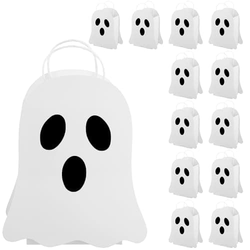 Image of 12 PCS Halloween Ghost Paper Goodie Bags for Kids Halloween White Ghost Treat Candy Gift Bags Ghosts Themed Party Favors Paper Bag with Handles for Trick or Treat Little Boo Birthday Party Supplies
