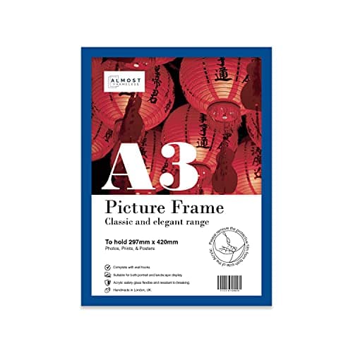Image of Almost Frameless A3 Blue Picture Frame, Fits A3 (29.7 x 42cm - 11.7 x 16.5in) Poster, Photo, or Print. Portrait and Horizontal Wall Hooks