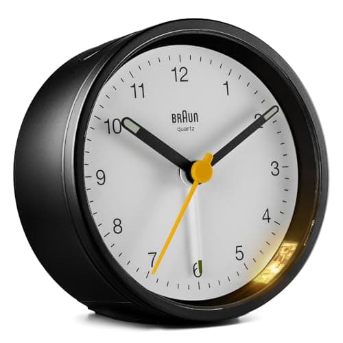 Image of Braun Classic Analogue Alarm Clock with Snooze and Light, Quiet Quartz Movement, Crescendo Beep Alarm in Black and White, model BC12BW.