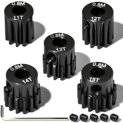 Image of 5Pcs 0.8M Hardened Steel Pinion Gear Set 5mm Shaft 11T 12T 13T 14T 15T Motor Pinion Gear with M4 Screw and Hex Key, for Arrma HPI Kyosho Losi Axial Traxxas Tamiya 1/10 RC Car and 540/550 Motors