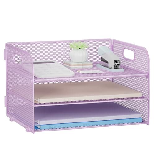Image of Restorgan 3 Tier Paper Organiser with Handle, Mesh Desk Organiser Letter Tray, Paper Tray Organizer File Organiser for A4 File Folder, Purple
