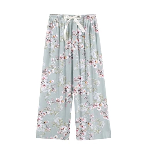 Image of Women's Pajama Bottoms Summer Soft Wide Leg Lounge Pants Vintage Ethnic Style Printed Cotton Linen Cropped Trousers Nightwear Comfy Elasticated Waist Sleep Pants for All Seasons One Size