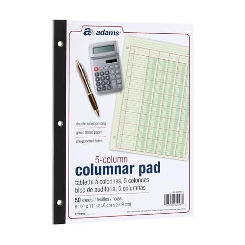 Image of Adams Columnar Analysis Pad, 5 Column Ledger, 8.5" x 11", 100 Pages (50 Sheets), Green, 3 Hole Punch, for Accounting, Bookkeeping & Data (ACP85115)