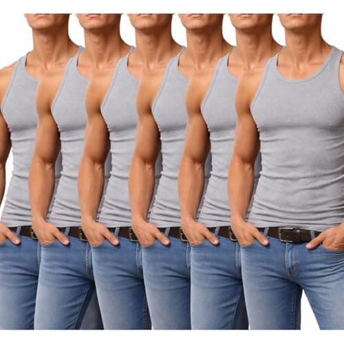 Image of Sixhawks Mens 100% Cotton Vests 6 Pack Tank Top Grey,Breathable Sleeveless Undershirt Gym Everyday Wear Vest Classic Fit S-5XL