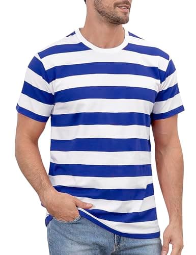 Image of COSAVOROCK Blue and White Striped Shirt Mens Short Sleeved Breton Top XL