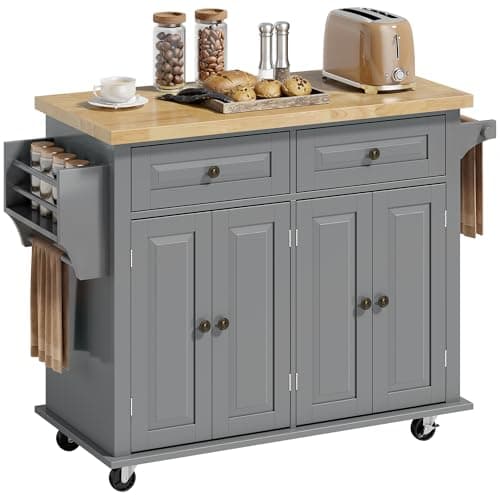 Image of HOMCOM Kitchen Island on Wheels, Rolling Kitchen Storage Trolley with Rubber Wood Top, Drawers, Adjustable Shelves, Towel and Spice Rack for Dining Room, Grey
