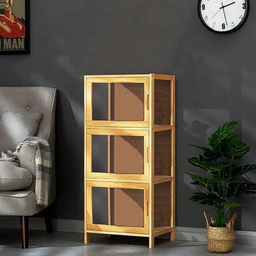 Image of Laneryin Display Cabinet with Glass Doors, Bookcase Bookshelf with 3 Layer, 3 Tier Storage Cabinet for Living Room, Display Case for Collectibles, Books, Trophy