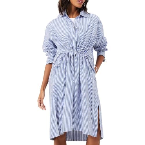Image of French Connection Rhodes Sustainable Pop Stripe Shirt Dress,Linen White/Marine,XL