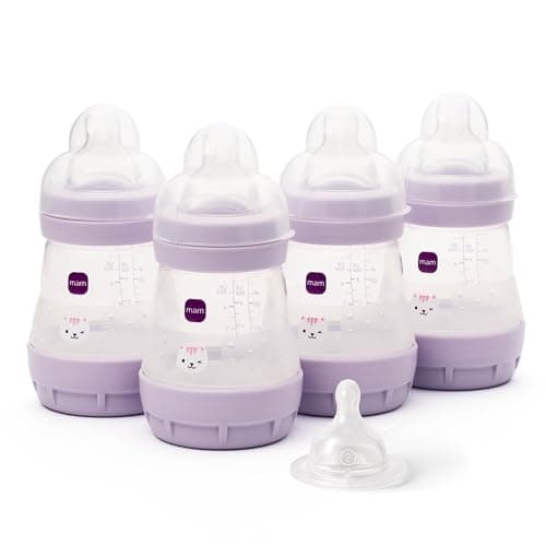 Image of MAM Easy Start Anti-Colic Baby Bottles | 4 Pack (4X 160ml) | Self-Sterilising Baby Milk Bottle | Slow Flow MAM Teats Size 1 + 1x Medium Flow Teat Size 2 | Iris (Various Designs)