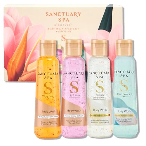 Image of Sanctuary Spa Body Wash Gift Set, Discovery Collection of 4 Travel‑Size Body Washes (Aqua Serenity, Golden Sandalwood, Lily & Rose, Signature), Vegan, 95% Natural, Cruelty Free, 300ml