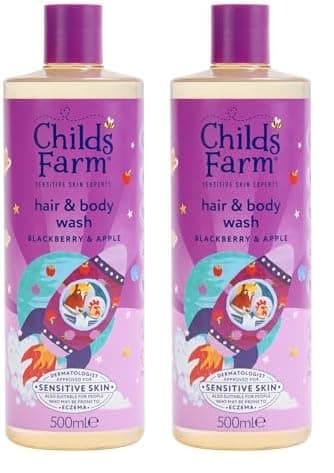 Image of Childs Farm Kids Hair & Body Wash, Blackberry & Apple | Tear-free, Gently Cleanses | Suitable for Dry, Sensitive Skin, 500ml (Pack of 2)
