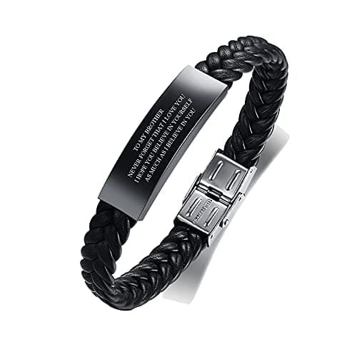 Image of FLHEART To My Brother Gift Bracelet Inspirational Message Engraved Stainless Steel With Braided Leather Bracelet For Mens Never Forget That I Love You Engraved Adjustable