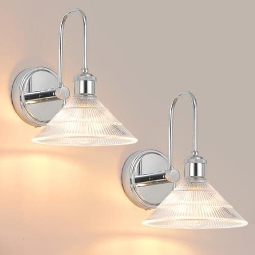 Image of Vikdio Wall Sconce Set of 2, Chrome Vintage Light Fixtures with Round Clear Glass Lampshade, Hardwired Sconces Wall Lighting for Bedroom, Bathroom, Living Room | Includes 2 LED Bulbs