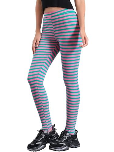 Image of Allegra K Women's Leggings Printed High Waist Elastic Waistband Yoga Stirrup Pants Green Pink-Stripe L
