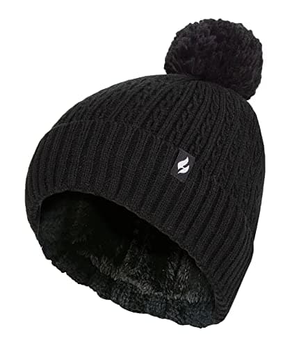 Image of HEAT HOLDERS - Ladies Cable Knit Turnover Pom Pom Hat One Size Black