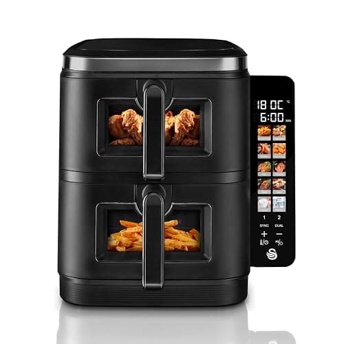 Image of Swan SD10522BLK 11L Twin Stack Air Fryer, Swan Cyclone Technology, Two 5.5L Baskets, Space-Saving Vertical Stack Design, Foldable Digital Touch Display, Dual Cook Functions,10 Pre-Sets, 2800W Black