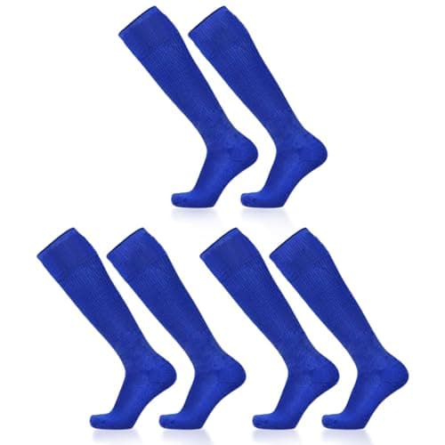 Image of SKHAOVS 3 Pairs Blue Football Socks for Boys Girls, Long Soccer Socks Breathable Sports Socks Trainer Socks Running Socks Hockey Rugby Socks, Long Kids Football Socks for Aged 5-12 (Blue)