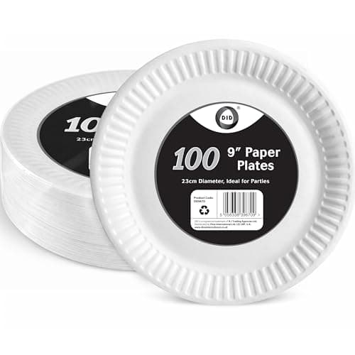 Image of DID, 9-inch Paper Plates, 23cm White, Compostable Biodegradable Disposable Round Party Paper Plate, Perfect for Everyday use, Ideal for Food Catering Parties, Camping, Picnics and Events - Pack of 100