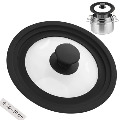 Image of Zocipro Universal Lid for Pots, Pans and Skillets, Silicone Lid for Frying Pans Fits 16/18/20cm Diameter Cookware, Tempered Glass with Heat Resistant Silicone Rim (Black)