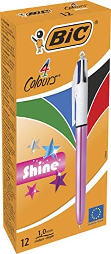 Image of BIC 4 Colours Shine Ballpoint Pens - Box of 12 - Metallic Pink Body with 4 Ink Colours (Blue, Black, Red, Green)