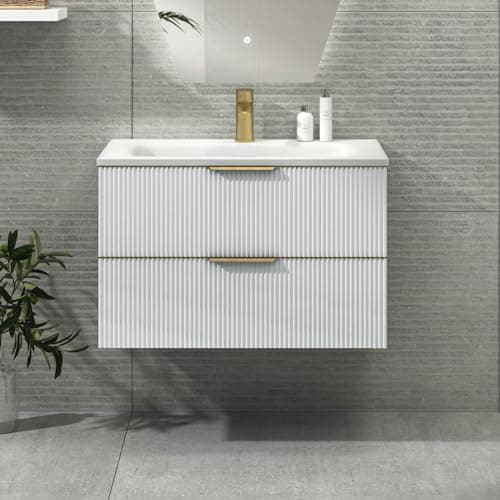 Image of Evora 800mm Satin White Fluted Wall Hung Bathroom Vanity Unit 2 Drawer with Stone Basin & Brushed Brass Handles